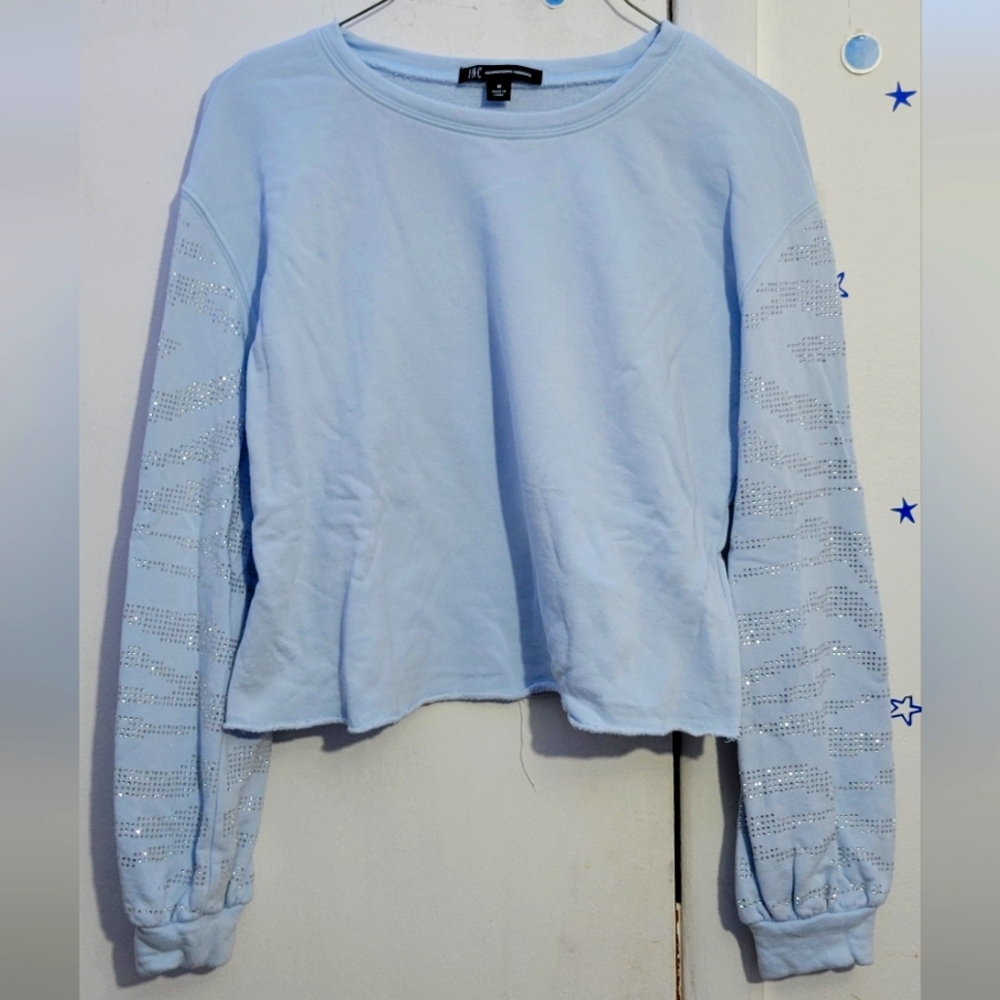 INC Women Sweatshirt light blue Glitter Sleeve. Size medium
